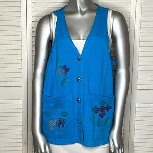Vintage 90s Blue Cactus Oversized Art To Wear Hand-Painted Oversized Vest S